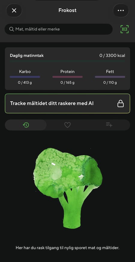 Skjermbilde fra Simple Coaching-appen som viser matloggen for frokost